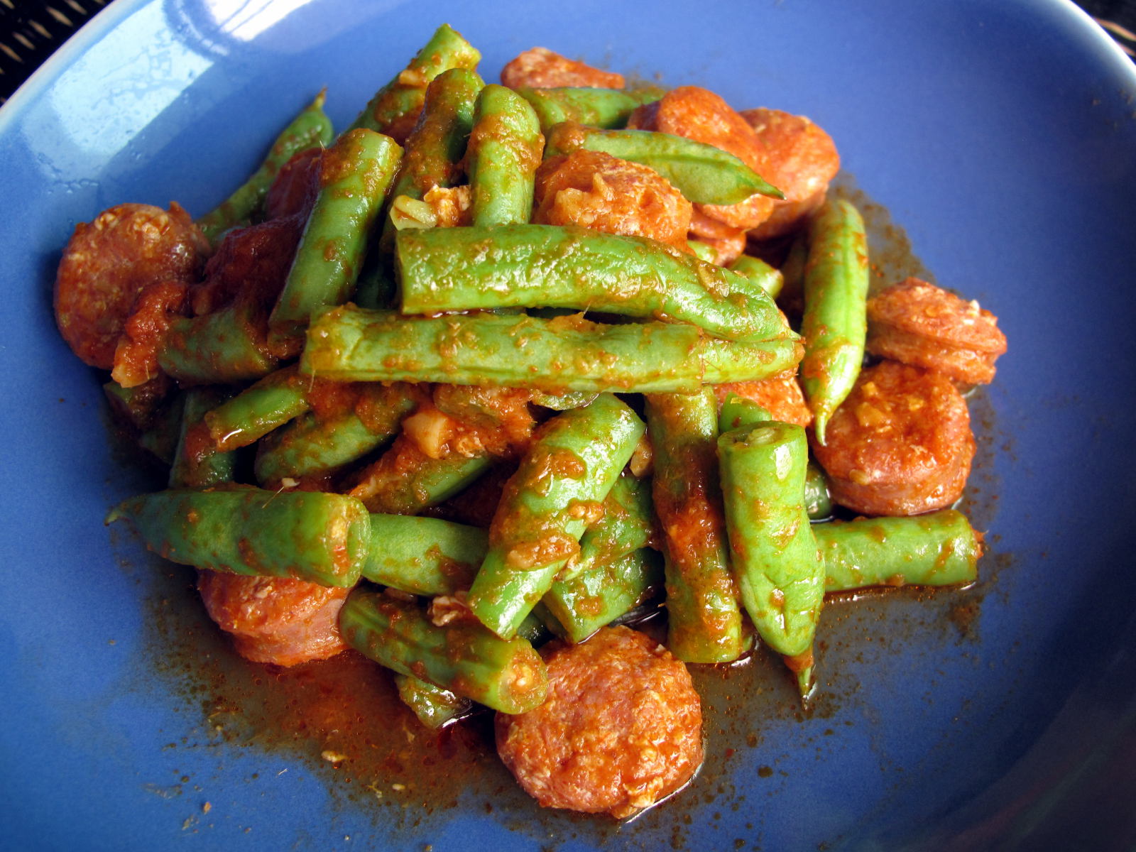 Green Beans Stir-fried with Red Curry and Italian Sausage